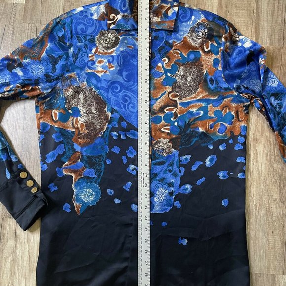 Louis Feraud Womens Blue Black Abstract Long Collared Button Up Shirt Top Size 8 - Picture 6 of 9